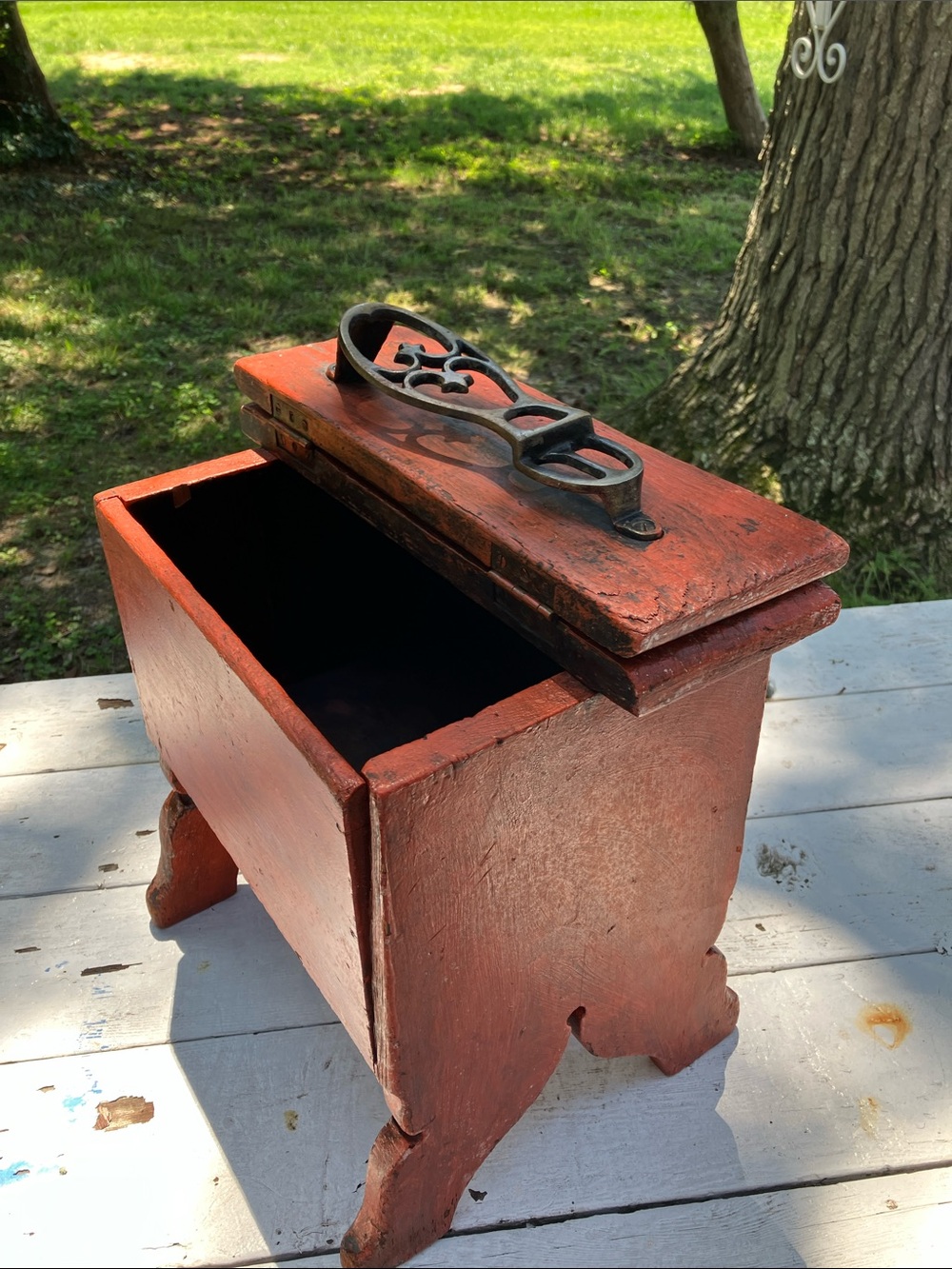 Antique Wooden Handmade Shoe Shine Box With Cast Iron Shoe Form On Hinged Lid